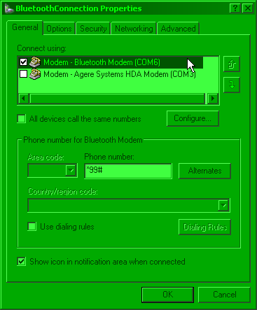 Connection properties screenshot - selecting right modem
