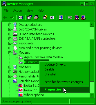 Device manager right click Bluetooth modem screenshot