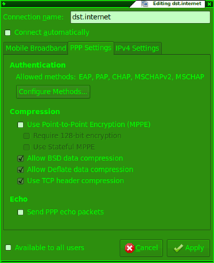 Edit connection - PPP Settings Tab