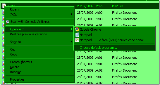 Screenshot: Right click file > Open With > Choose default program...