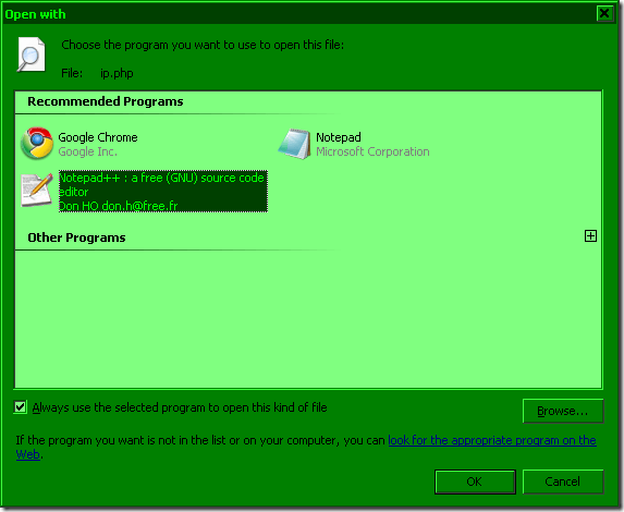Screenshot: Select application > check 'Always use the selected program to open this kidn of file' > click 'OK'