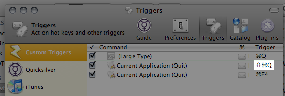 Trigger pane showing Command Shift Q