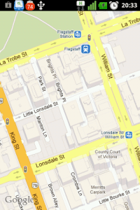 Map View on the Optimus One slightly zoomed out - Melbourne CBD